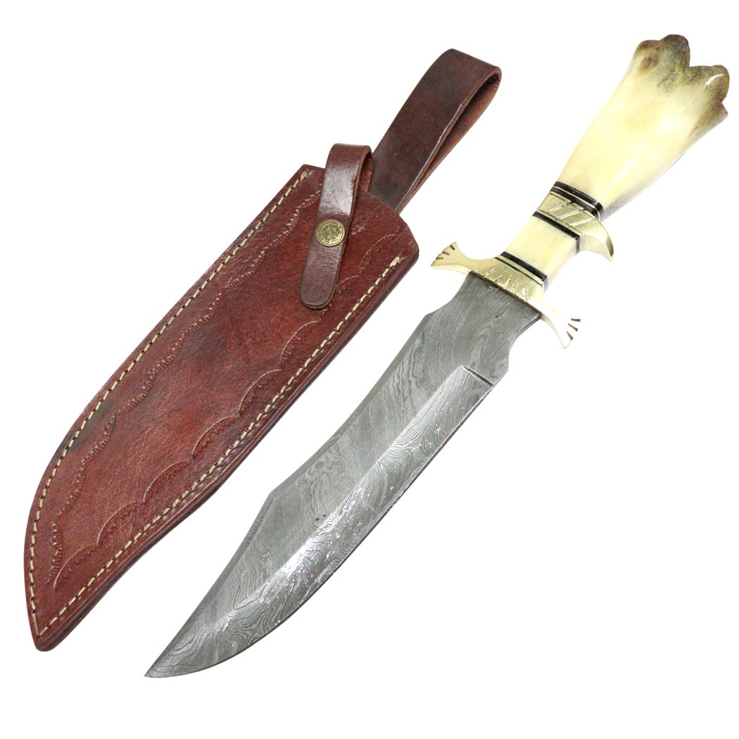 16″ Savage Claw Damascus Bowie Knife w/ Real Bone Handle