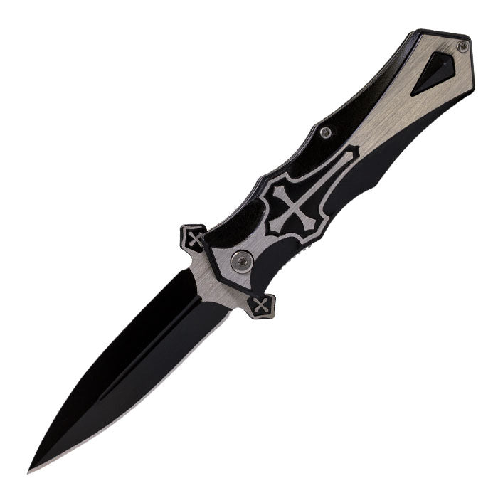 Perucci - 9" Iconic Metallic Black Cross Foldable Pocket Knife