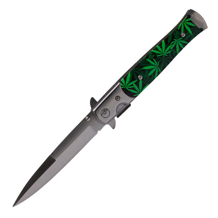 Perucci - 9" Silver-Green Bunch of Leaves Matte Finish Foldable Pocket Knife