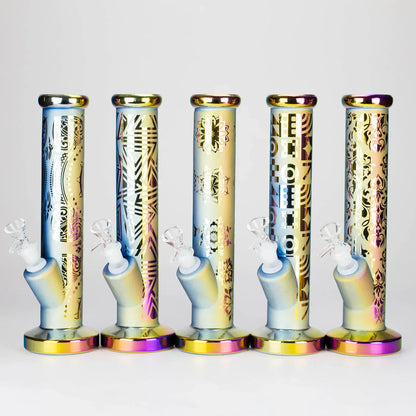 11" Straight Tube Electroplated Metaliic Finish w/ Intricate Patterns Glass Bong - Pattern 5