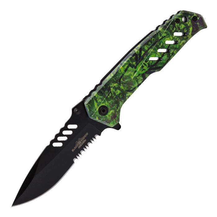 Black Widow - 8" Green Spider Print Foldable Pocket Knife