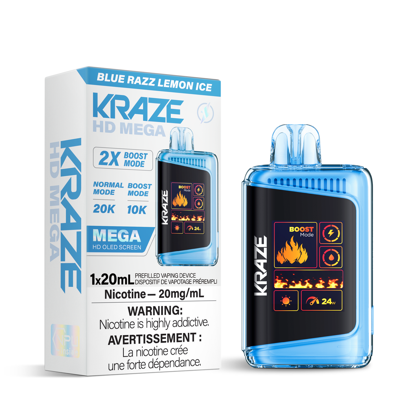 Kraze HD Mega 20k Rechargeable Disposable Vape Blue Razz Lemon  Ice