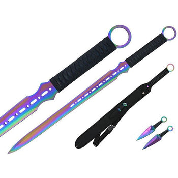 27″ Ninja Sword Vented Iridescent Blade w/ Throwing Knives Set