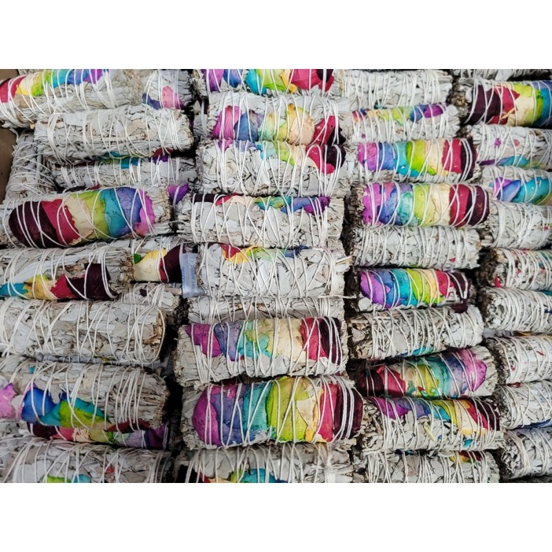 4" White Sage & Chakra Rose Petals Smudge Stick
